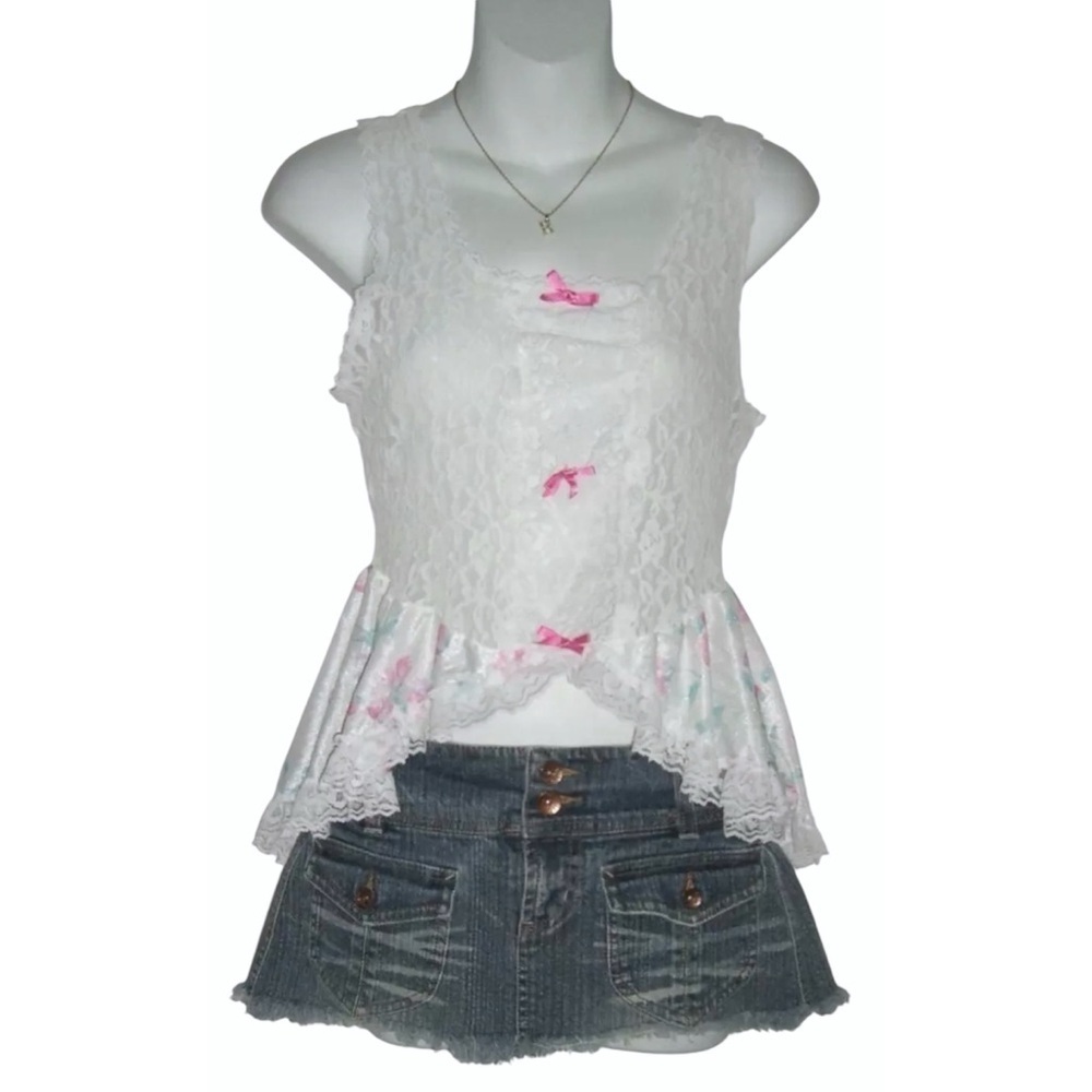Natalie Creations Lingerie Vintage Nightie Top Coquette Lace Pink Bows Cottage L